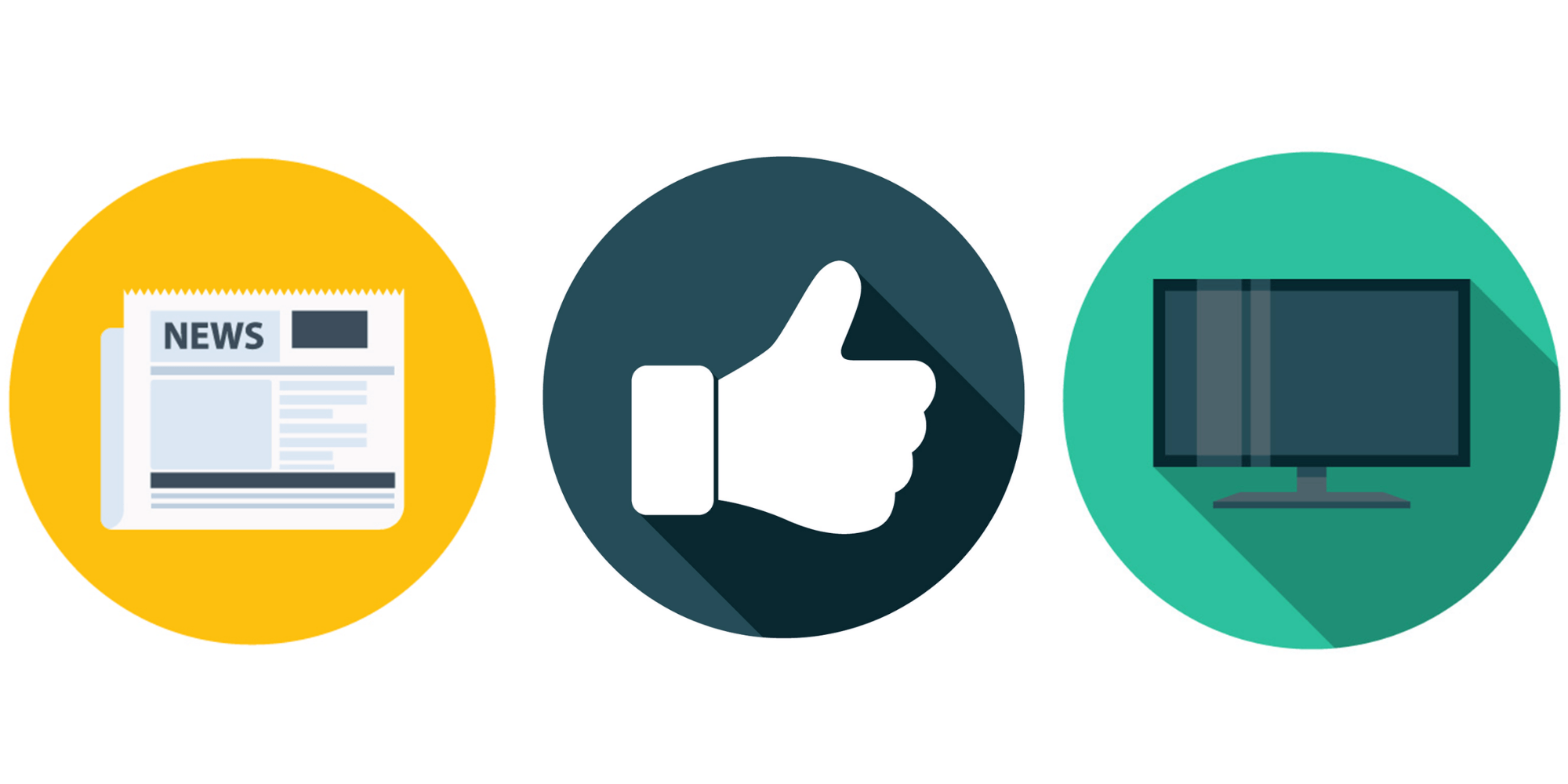 icons of newspaper, thumbs up and computer