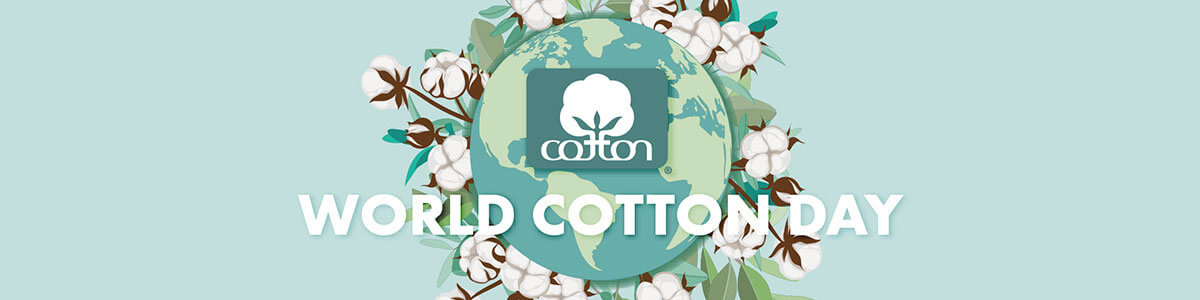 Image of plant earth with cotton plants growing out of it, the cotton logo and World cotton Day 